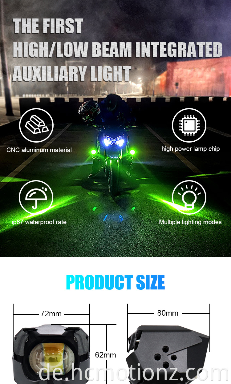 HcMotion Factory High Bow Beam 60W Superhelligkeit RGB Muti Farbe DRL Motorradspot Light Auxiliary Light LED Spotlight